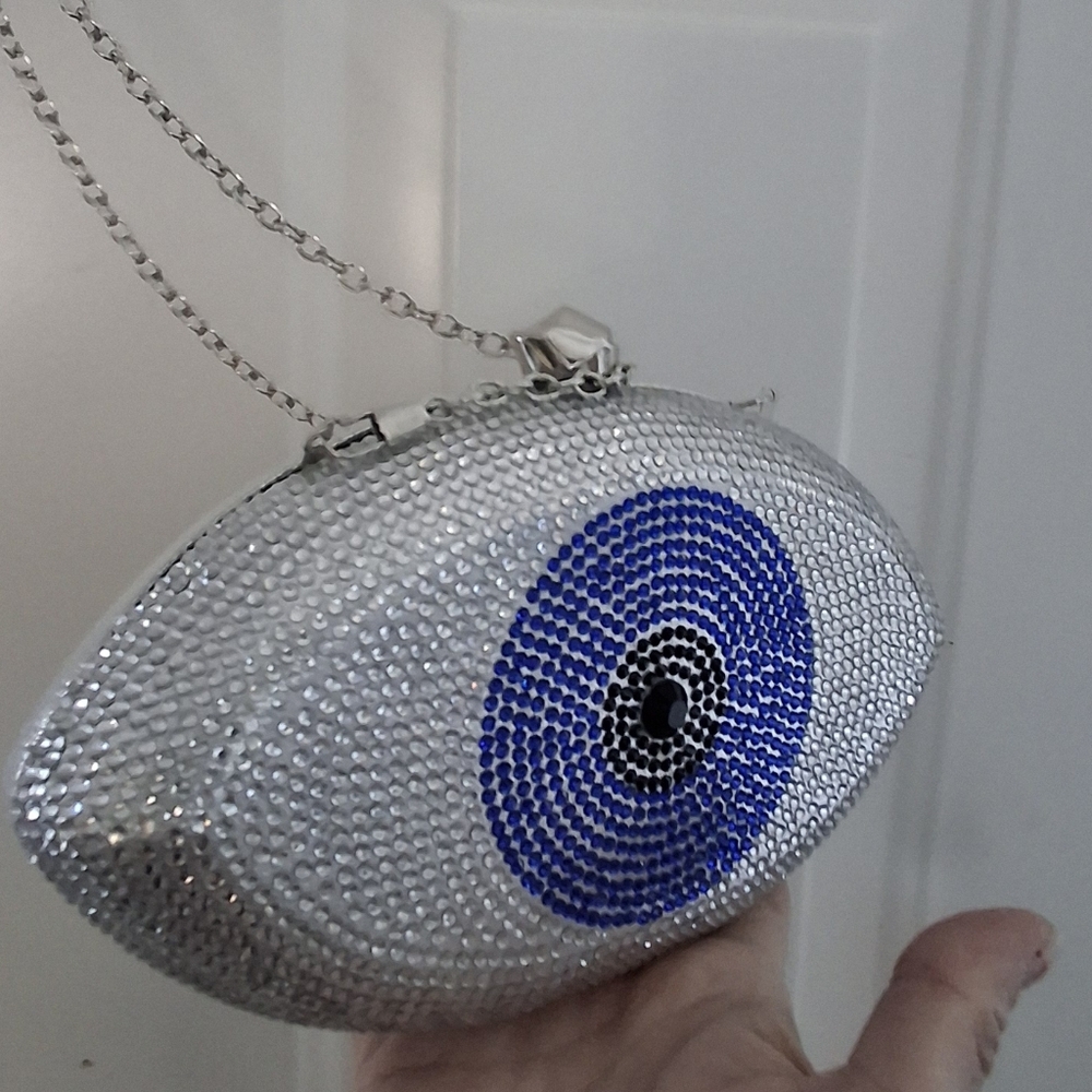 NEW Luxury Evil Eye Crystal Evening Clutch Bag Sparkling Rhinestone Hollow Metal - Picture 11 of 16